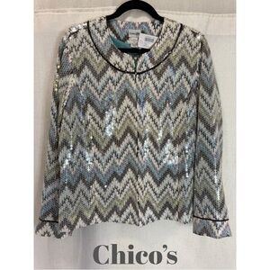 Chicos Sequin Chevron Jacket Metallic Zigzag Blazer Silver Blue Green Shimmer